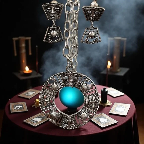 Sarah Coventry Talisman of Love, pendant w/ long chain and clip on earrings,1970 - Picture 1 of 14